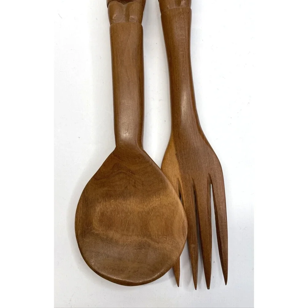 Vintage African Folk Art Fork & Spoon Hand Carved Wood Salad Set Wooden